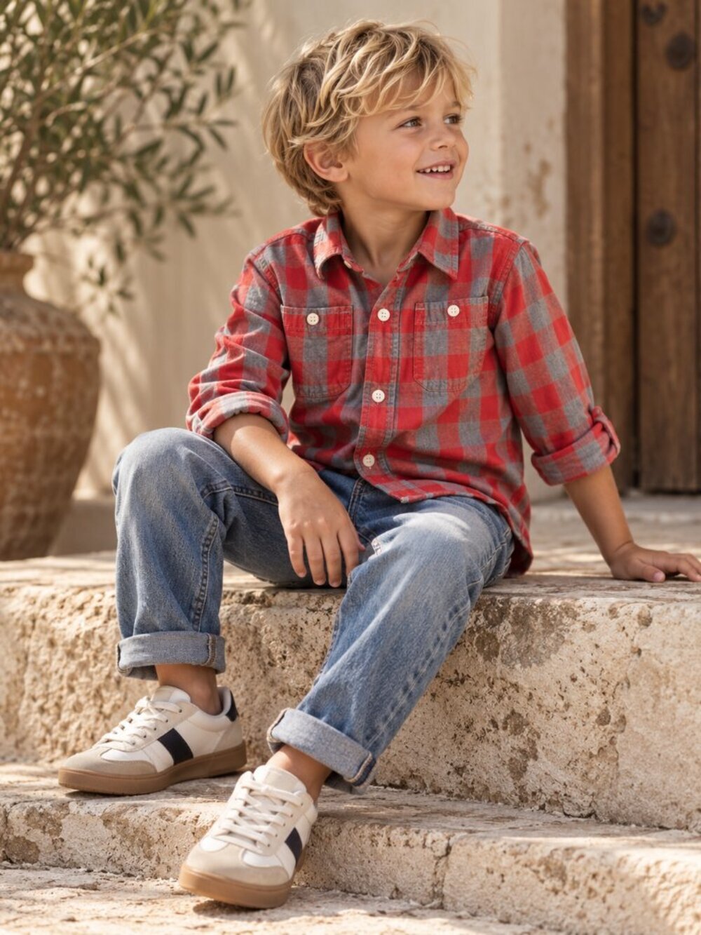 GapKids Factory Boys Red Gray Plaid Flannel Button Down Shirt XS 4-5